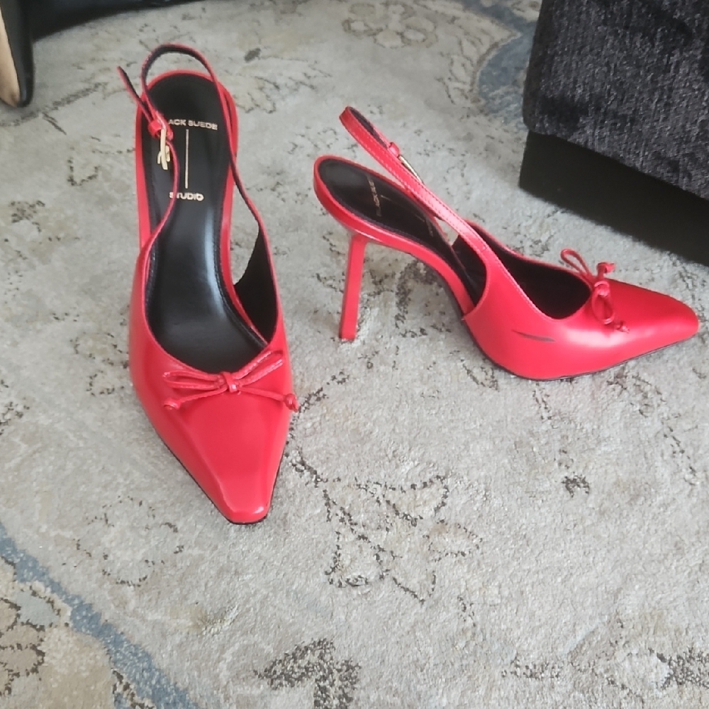 Black Suede Studio Red Slingback Heels. Marking On One Of The Shoes.